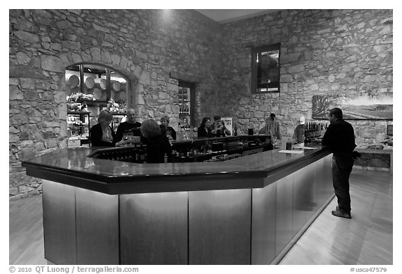 Wine tasting room, Hess Collection winery. Napa Valley, California, USA (black and white)