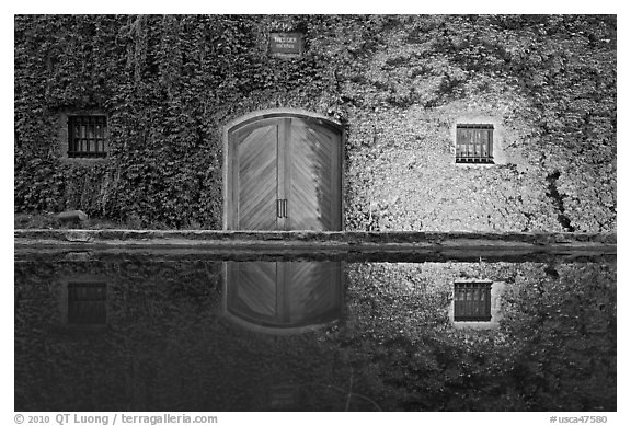 Ivy-covered facade reflected in pool at night. Napa Valley, California, USA (black and white)