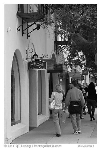 Shopping on Ocean Avenue. Carmel-by-the-Sea, California, USA (black and white)