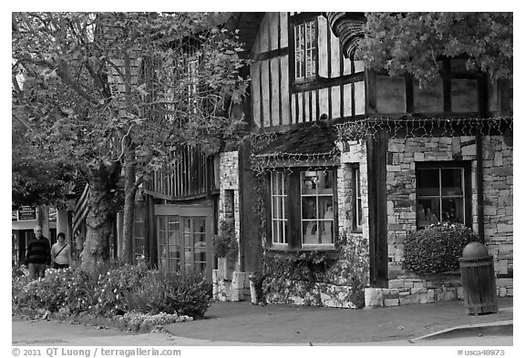 Street lined up with galleries. Carmel-by-the-Sea, California, USA (black and white)