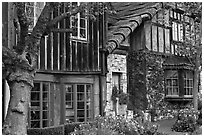 Old wooden houses used as art galleries. Carmel-by-the-Sea, California, USA (black and white)