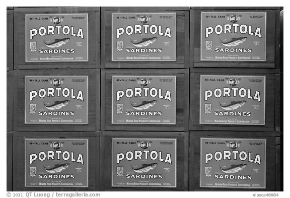 Boxes of canned sardines, Monterey Bay Aquarium. Monterey, California, USA