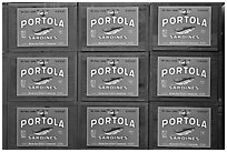 Boxes of canned sardines, Monterey Bay Aquarium. Monterey, California, USA ( black and white)