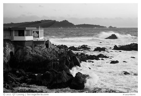 Butterfly house and waves. Carmel-by-the-Sea, California, USA (black and white)