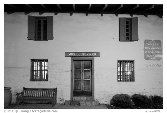 Casa del Oro facade at night. Monterey, California, USA (black and white)