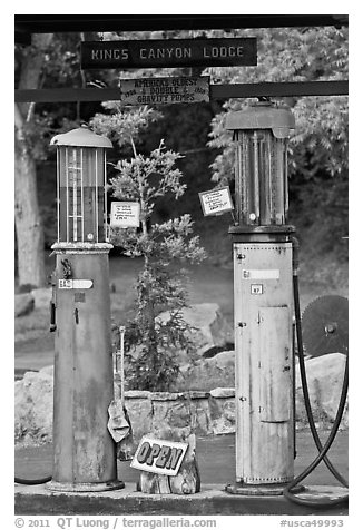 America oldest double gravity gas pumps, Kings Canyon Lodge. California, USA (black and white)