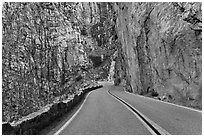 Road through vertical canyon walls, Giant Sequoia National Monument near Kings Canyon National Park. California, USA ( black and white)