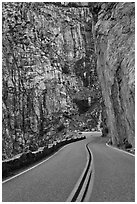 Roadway meandering through vertical gorge, Giant Sequoia National Monument near Kings Canyon National Park. California, USA ( black and white)