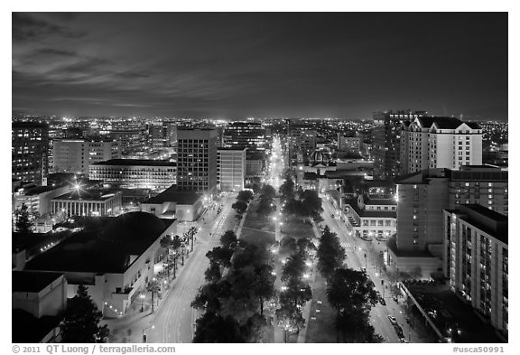 Downtown San Jose from above at night. San Jose, California, USA