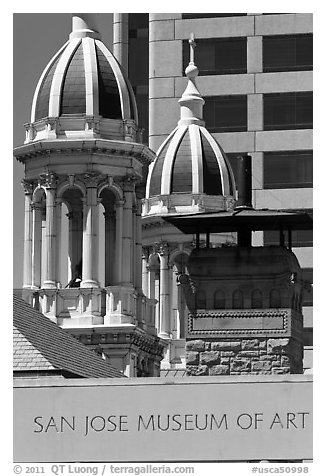 San Jose Museum of Art and St Joseph Cathedral towers. San Jose, California, USA (black and white)