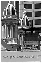 San Jose Museum of Art and St Joseph Cathedral towers. San Jose, California, USA (black and white)