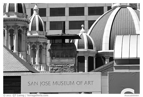 San Jose Museum of Art and St Joseph Basilica roof. San Jose, California, USA (black and white)