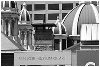 San Jose Museum of Art and St Joseph Basilica roof. San Jose, California, USA (black and white)