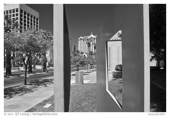 Downtown San Jose seen through colorful modern sculpture. San Jose, California, USA