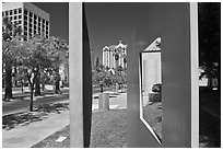 Downtown San Jose seen through colorful modern sculpture. San Jose, California, USA ( black and white)