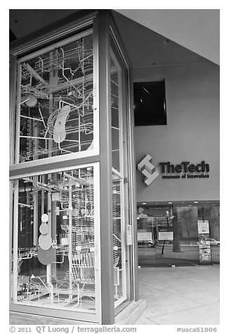 Two-story Rube Goldberg machine, Tech Museum. San Jose, California, USA (black and white)
