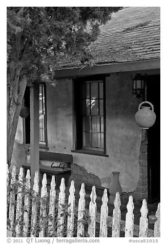 Facade detail, Carson House, Almaden. San Jose, California, USA (black and white)