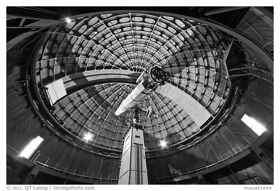 Antique refracting 36 inch telescope. San Jose, California, USA (black and white)