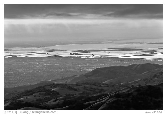 South Bay seen from Mount Hamilton at sunset. San Jose, California, USA (black and white)