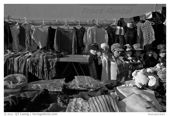 Apparel for sale, San Jose Flee Market. San Jose, California, USA (black and white)