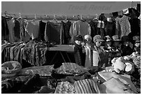 Apparel for sale, San Jose Flee Market. San Jose, California, USA (black and white)