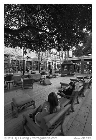 Sitting area with comfy chairs. Santana Row, San Jose, California, USA (black and white)