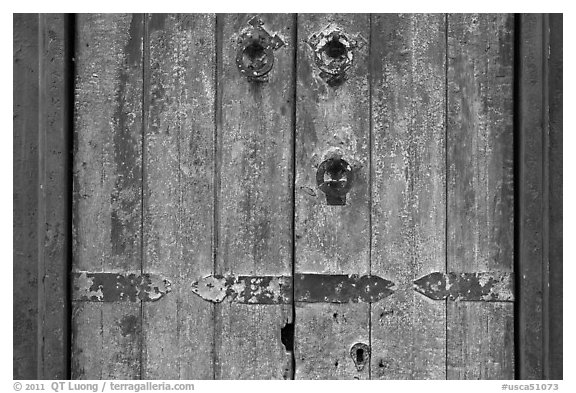 Weathered door detail. Santana Row, San Jose, California, USA (black and white)