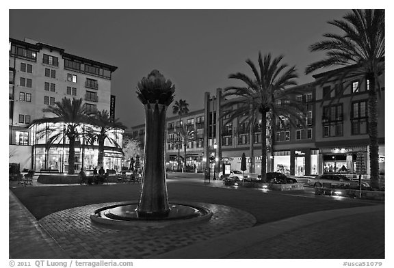 Park at dusk. Santana Row, San Jose, California, USA (black and white)