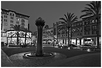 Park at dusk. Santana Row, San Jose, California, USA (black and white)