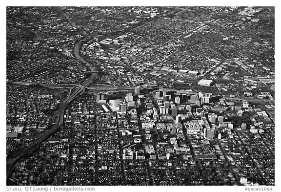 Aerial View of downtown and highways. San Jose, California, USA (black and white)