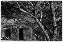 Grotto stonework around mineral springs. San Jose, California, USA (black and white)