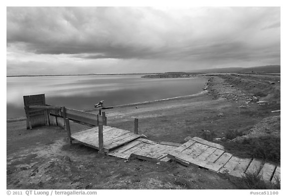 Boardwalk and Bay shoreline, Alviso. San Jose, California, USA (black and white)