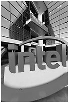 Intel sign and Robert Noyce building. Santa Clara,  California, USA (black and white)