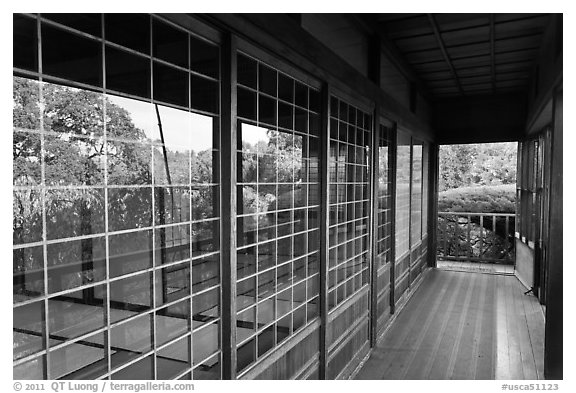 Reflection in pavillion, Hakone Estate. Saragota,  California, USA (black and white)