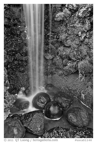 Waterfall and round rocks, Hakone gardens. Saragota,  California, USA (black and white)
