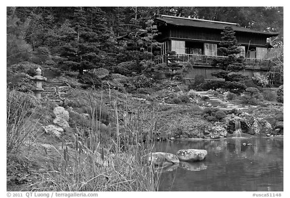 Pond and pavillion. Saragota,  California, USA (black and white)