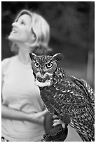 Owl and handler, Alum Rock Park. San Jose, California, USA (black and white)