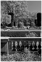 Balustrade, sunken garden, and garden house, Filoli estate. Woodside,  California, USA (black and white)