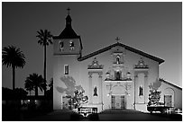 Santa Clara Mission illuminated at dusk. Santa Clara,  California, USA (black and white)