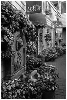 Art gallery decorated with flowers, Sausalito. California, USA (black and white)