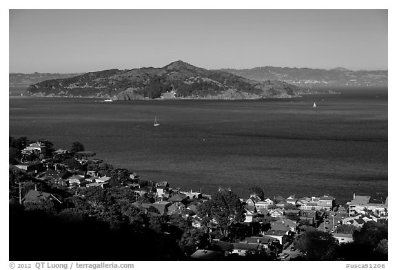 Angel Island seen from hills. California, USA (black and white)