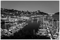 Belvedere Harbor at night. California, USA (black and white)