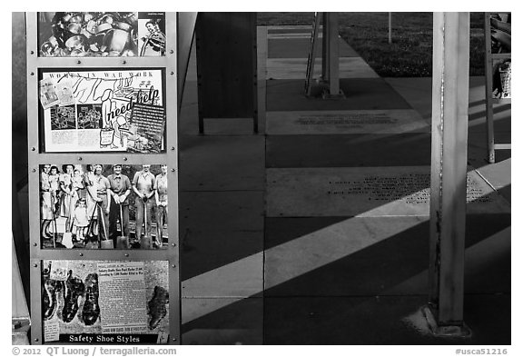 World War II pictures on Rosie the Riveter Memorial. Richmond, California, USA (black and white)