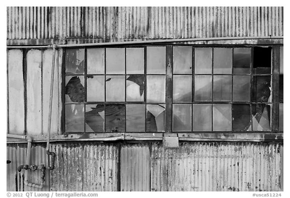 Broken windows, Shipyard No 3, World War II Home Front National Historical Park. Richmond, California, USA (black and white)