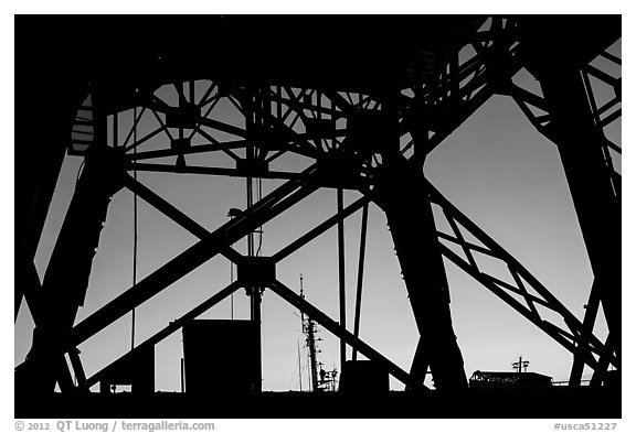 Crane base at sunset, Shipyard No 3, World War II Home Front National Historical Park. Richmond, California, USA (black and white)