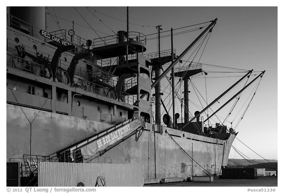 Victory and Liberty ship at dusk, Rosie the Riveter/World War II Home Front National Historical Park. Richmond, California, USA (black and white)