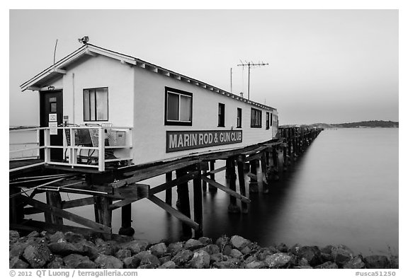 Marin Rod and Gun Club pier. San Pablo Bay, California, USA (black and white)