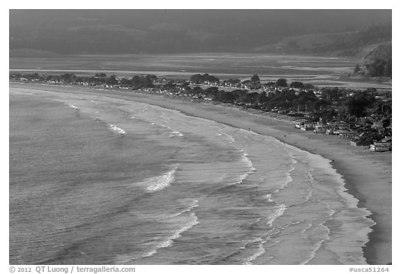 Surf, beach and town from above. California, USA (black and white)