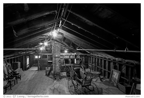 Attic, John Muir Home, John Muir National Historic Site. Martinez, California, USA (black and white)