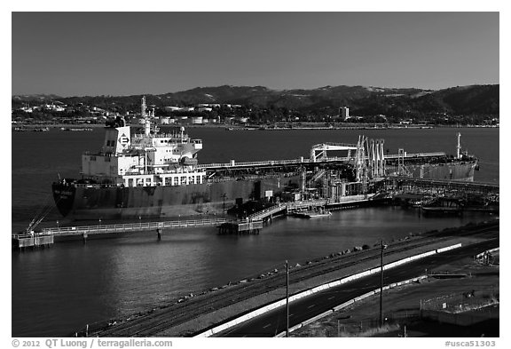 Oil tanker and Carquinez Strait. Martinez, California, USA (black and white)
